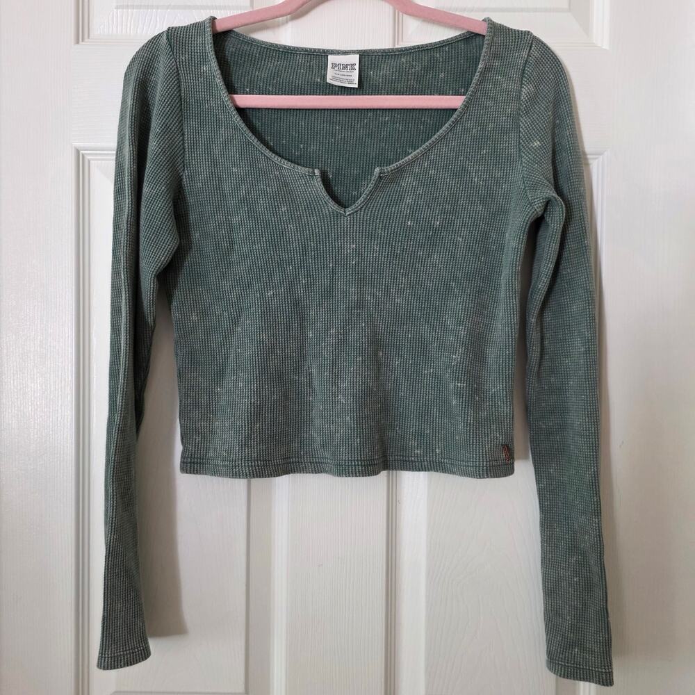 PINK Victoria's Secret Green Long-sleeved Thermal Crop Top Size Large